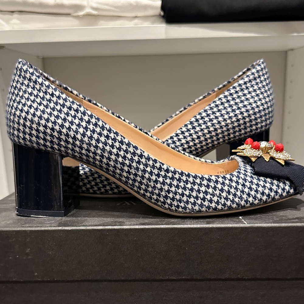 J. Crew Navy and White Houndstooth Heels with Bow